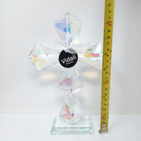 NWT Vidali Iridescent 8.5" Tall Crystal Cross Paperweight Wedding Baptism Decor - Picture 7 of 7